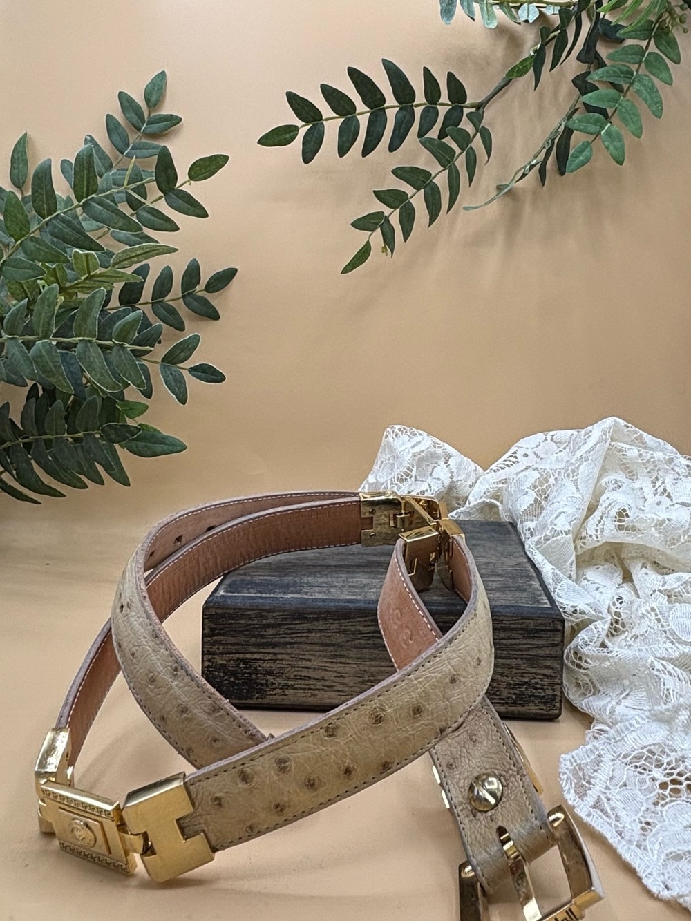 Genuine Beige Ostrich Leather Belt with Gold Hardwares